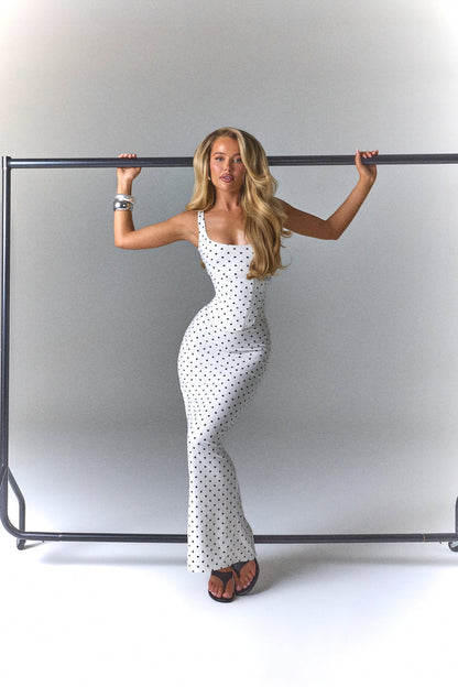 The Sandra Scoop Corset Maxi Dress in Polka Dot