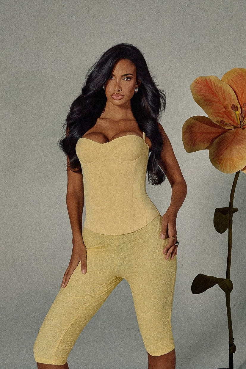 The Everly Lace Up Corset Top in Butter Yellow