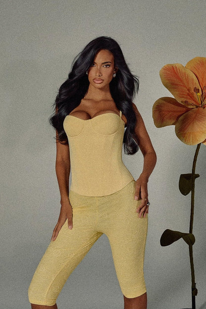 The Everly Lace Up Corset Top in Butter Yellow