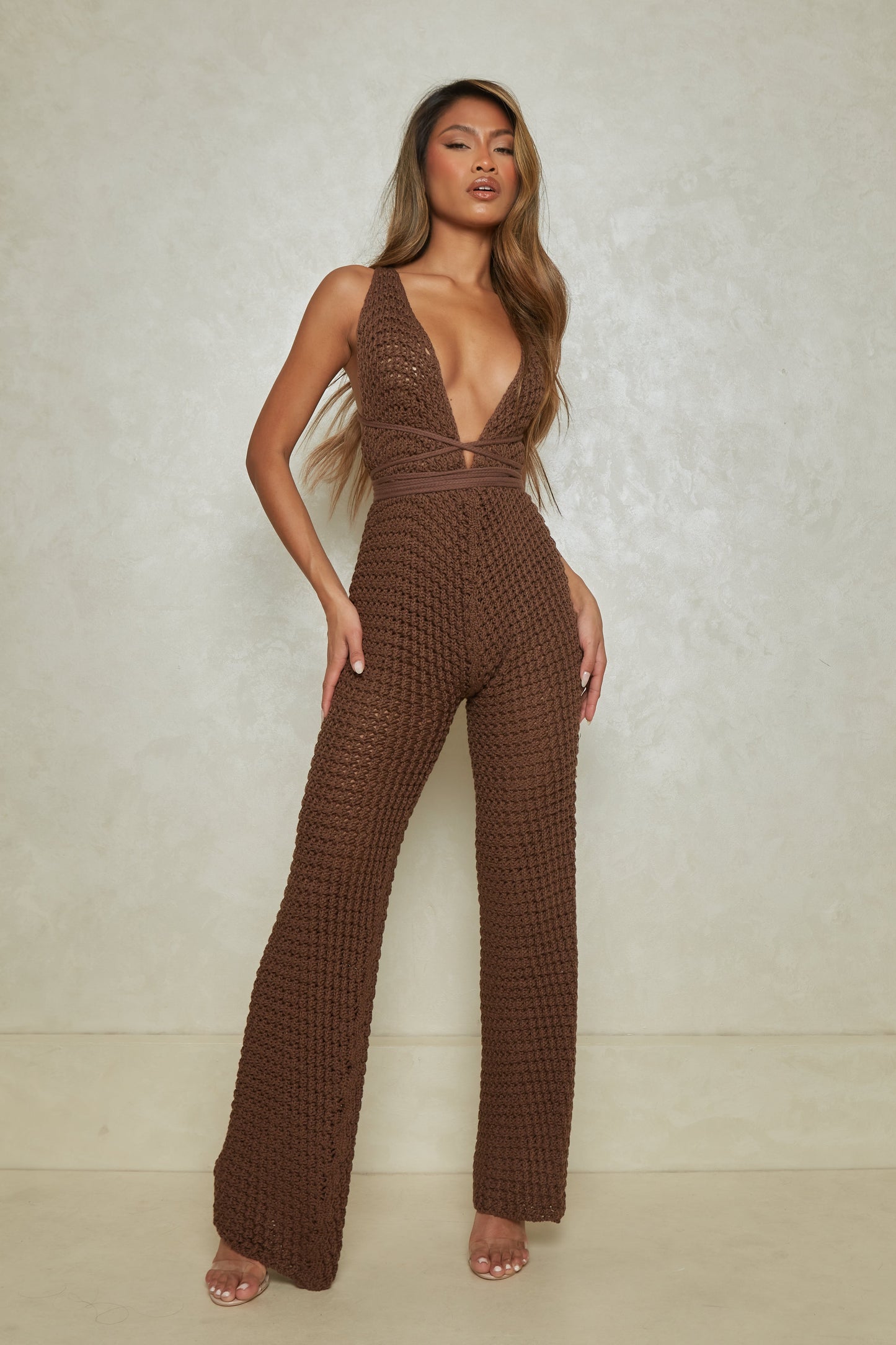 The Crochet Fishtail Jumpsuit in Brown