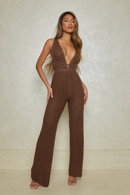 The Crochet Fishtail Jumpsuit in Brown