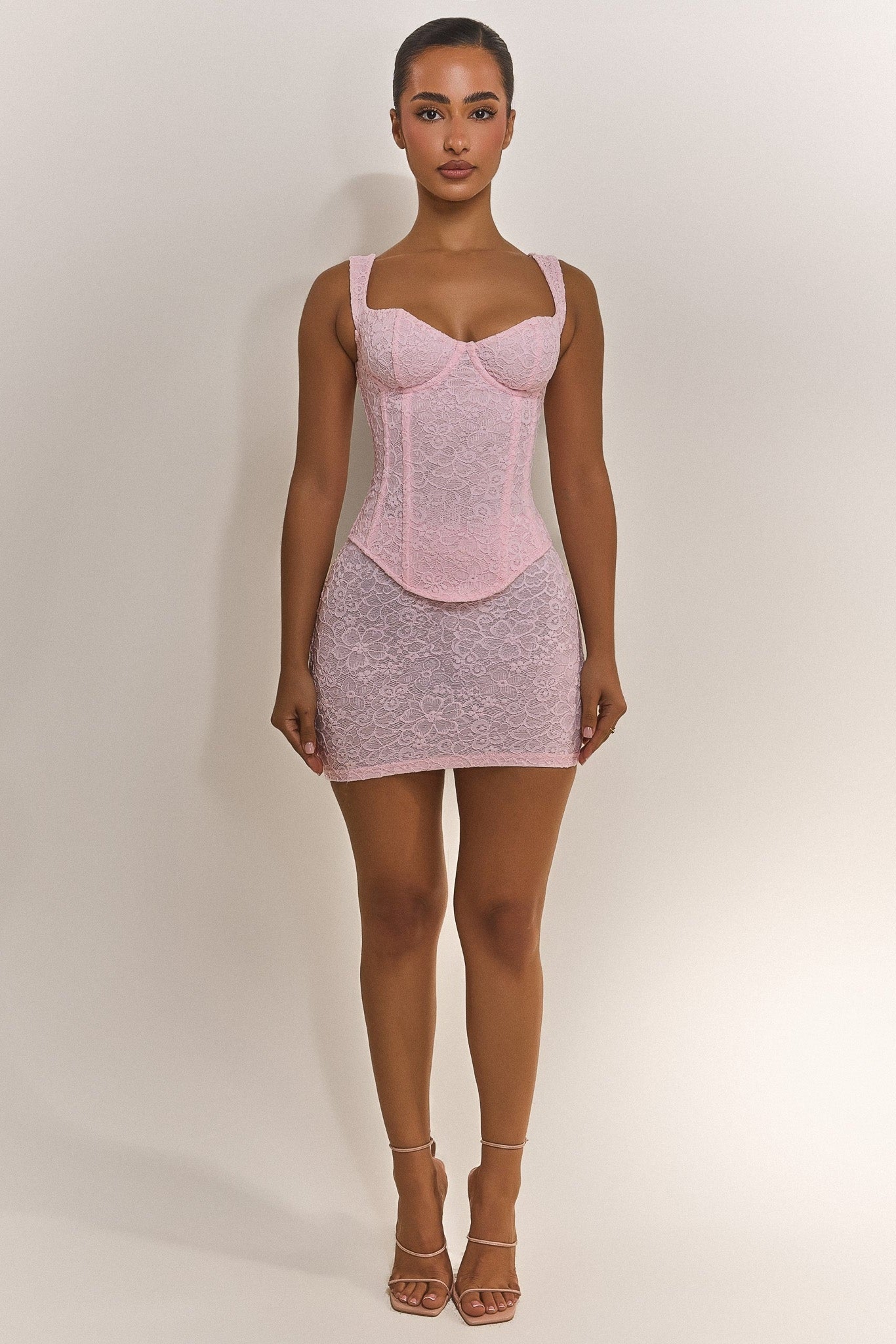 The Cinched Lace Corset Mini Set in Baby Pink