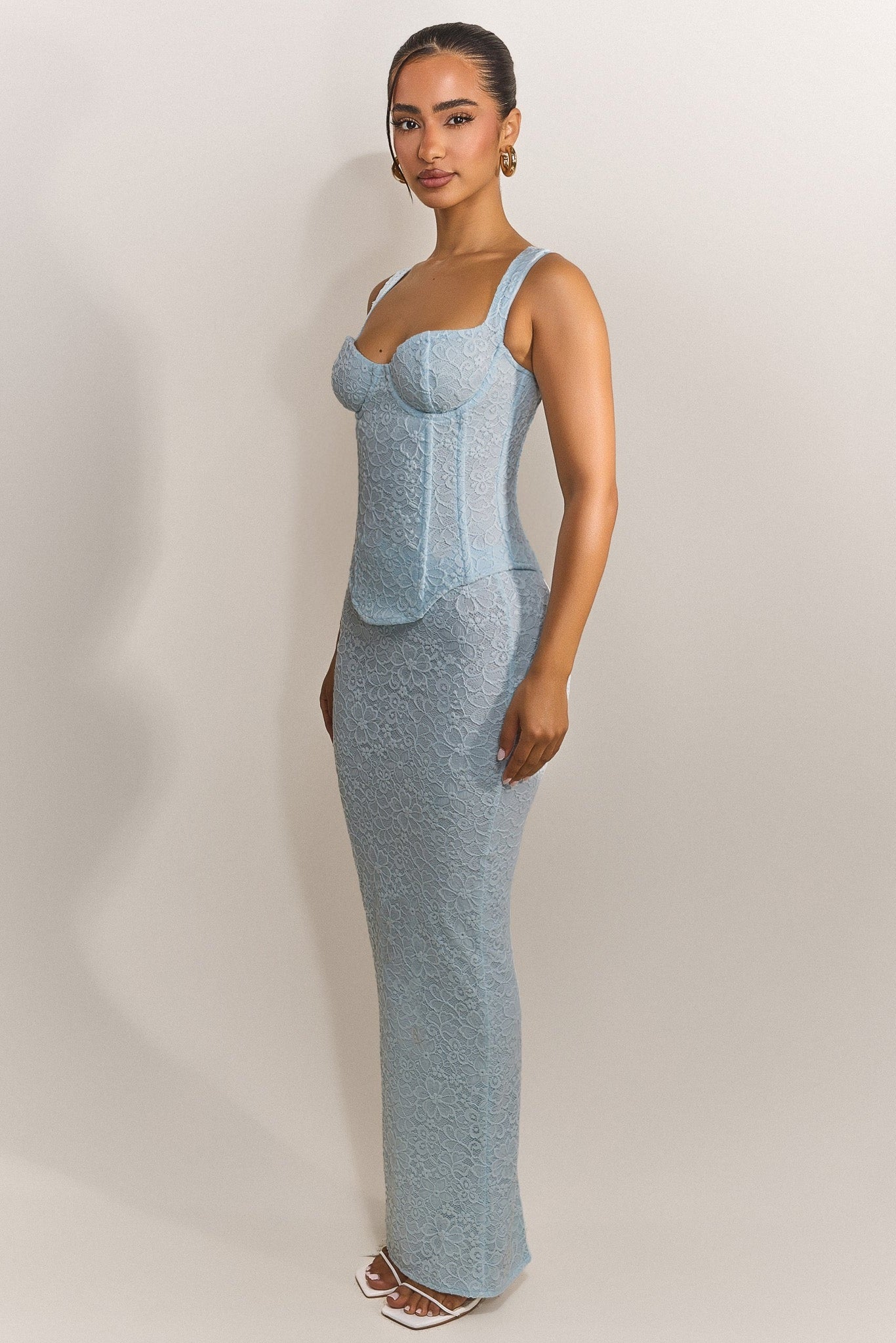 The Cinched Lace Corset Maxi Set in Blue