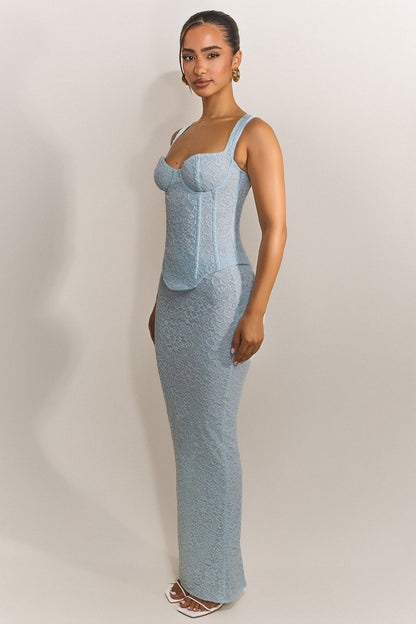 The Cinched Lace Corset Maxi Set in Blue