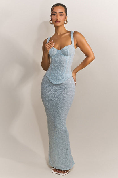 The Cinched Lace Corset Maxi Set in Blue