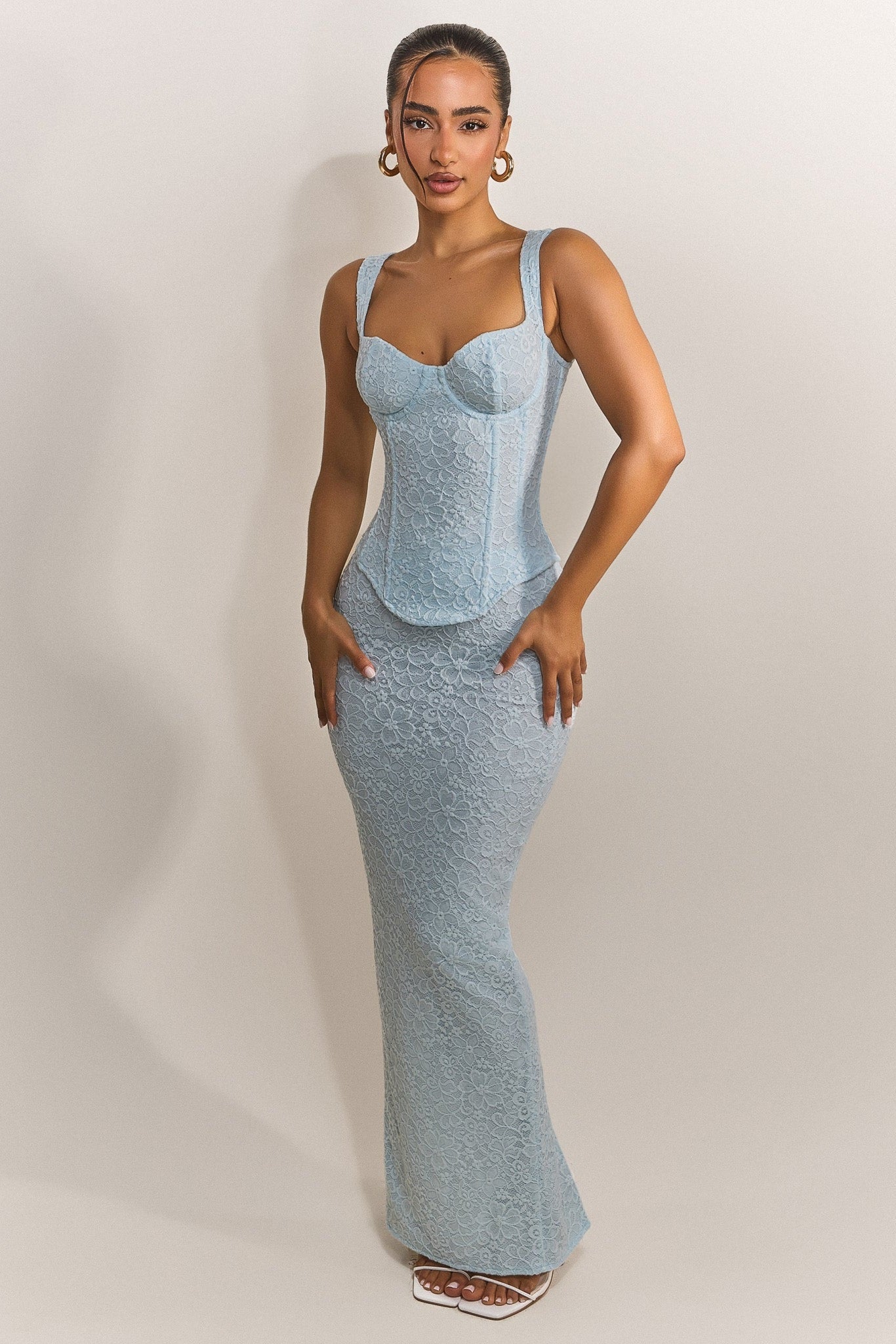 The Cinched Lace Corset Maxi Set in Blue