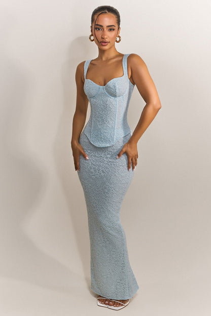 The Cinched Lace Corset Maxi Set in Blue