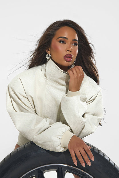 The Nyra Faux Leather Jacket in Off White