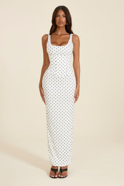 The Sandra Scoop Corset Maxi Dress in Polka Dot