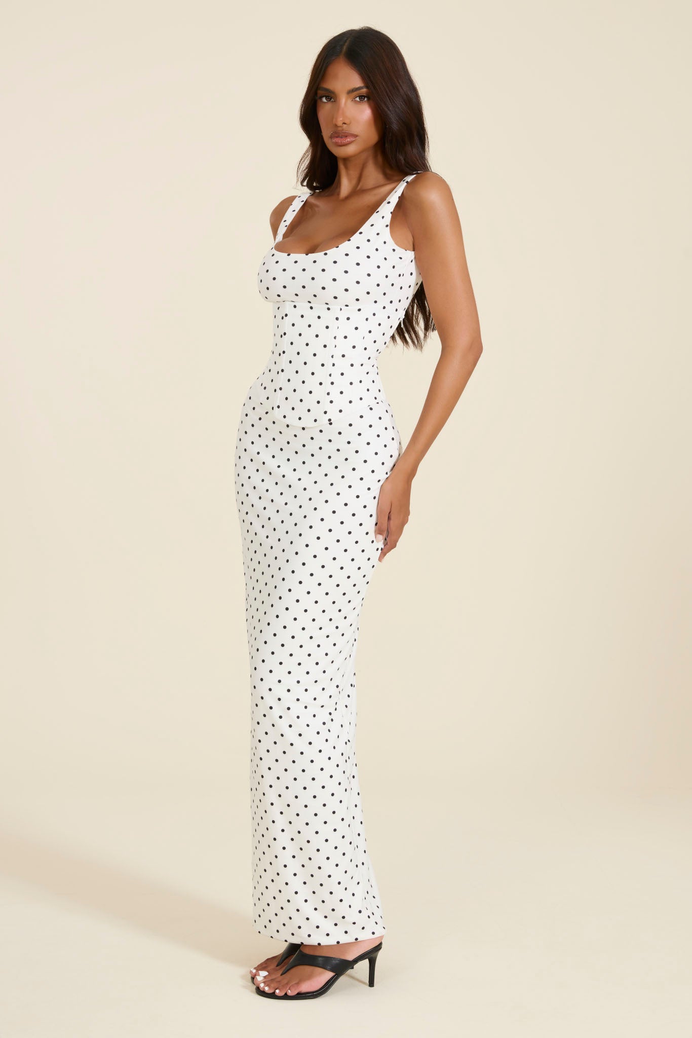 The Sandra Scoop Corset Maxi Dress in Polka Dot