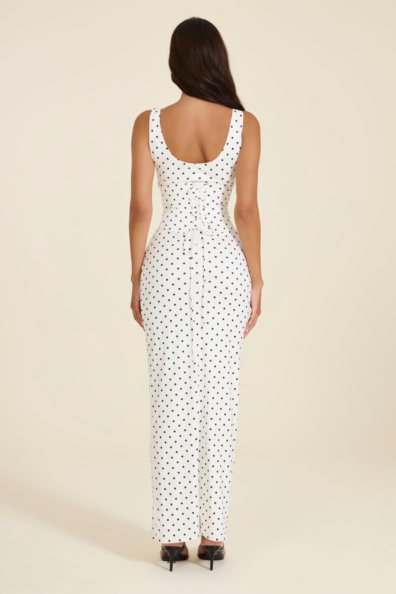 The Sandra Scoop Corset Maxi Dress in Polka Dot