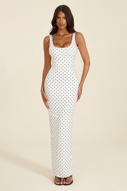 The Sandra Scoop Corset Maxi Dress in Polka Dot