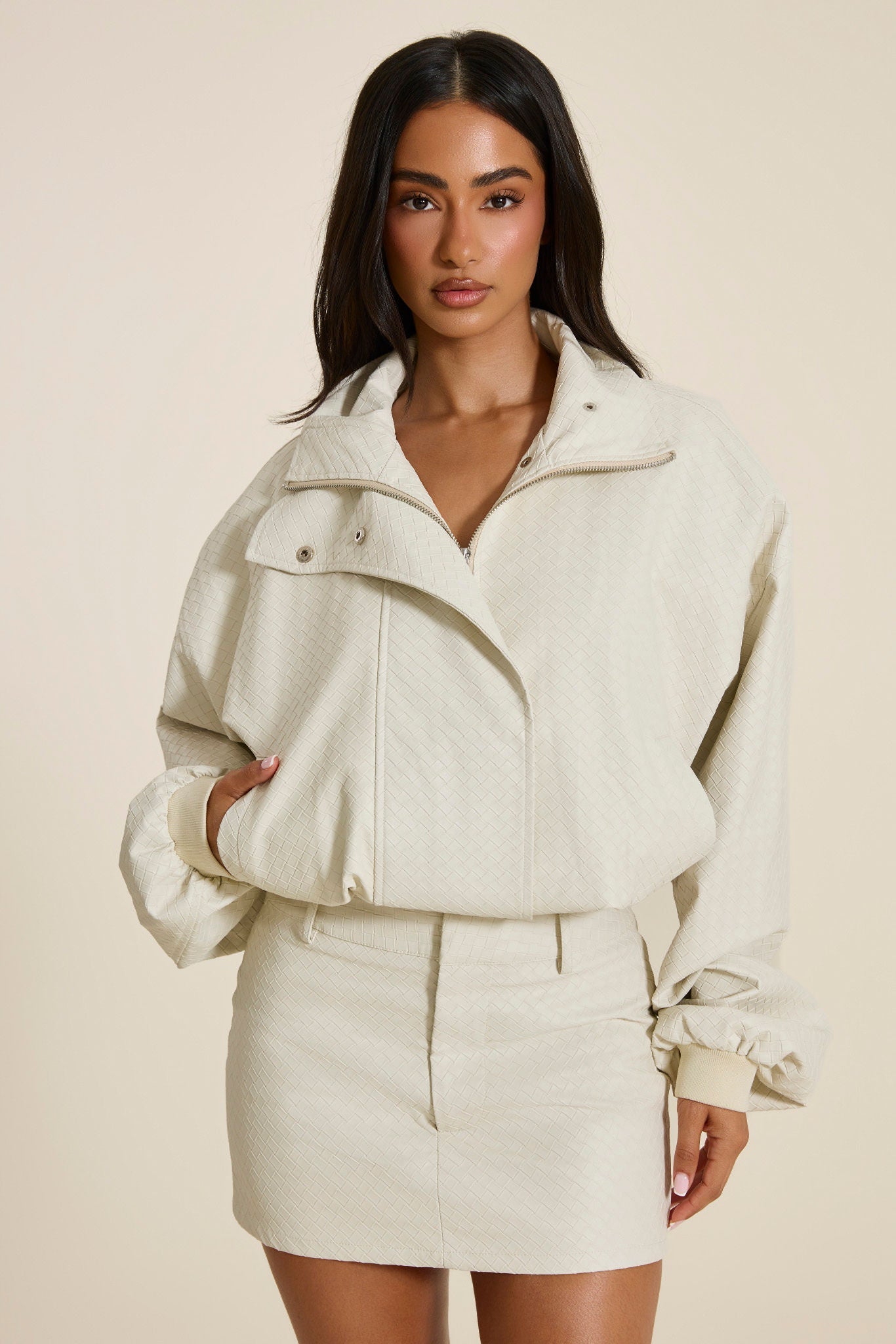 The Nyra Faux Leather Jacket in Off White
