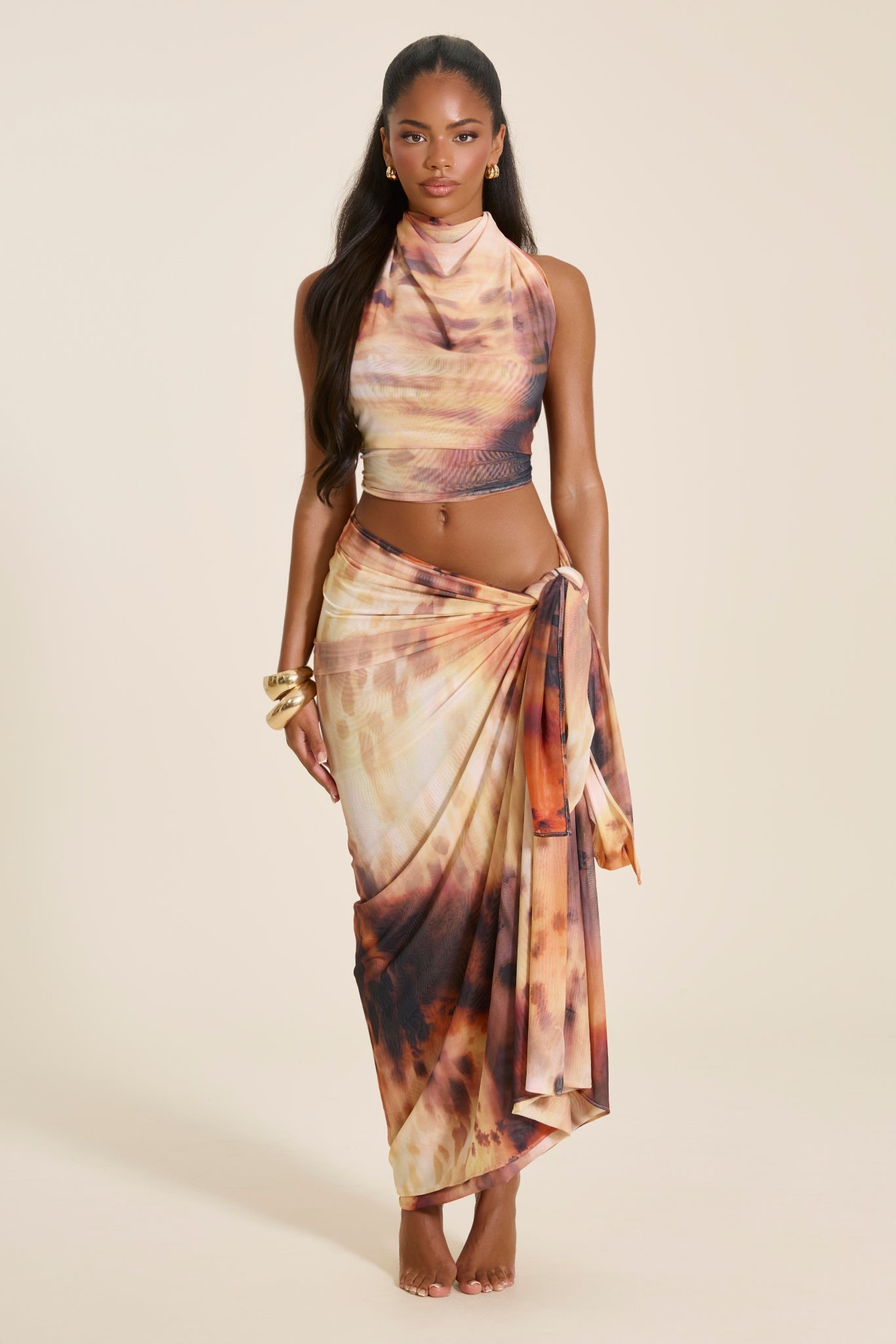 The Gracie Maxi Skirt and Headscarf Set in Orange Print