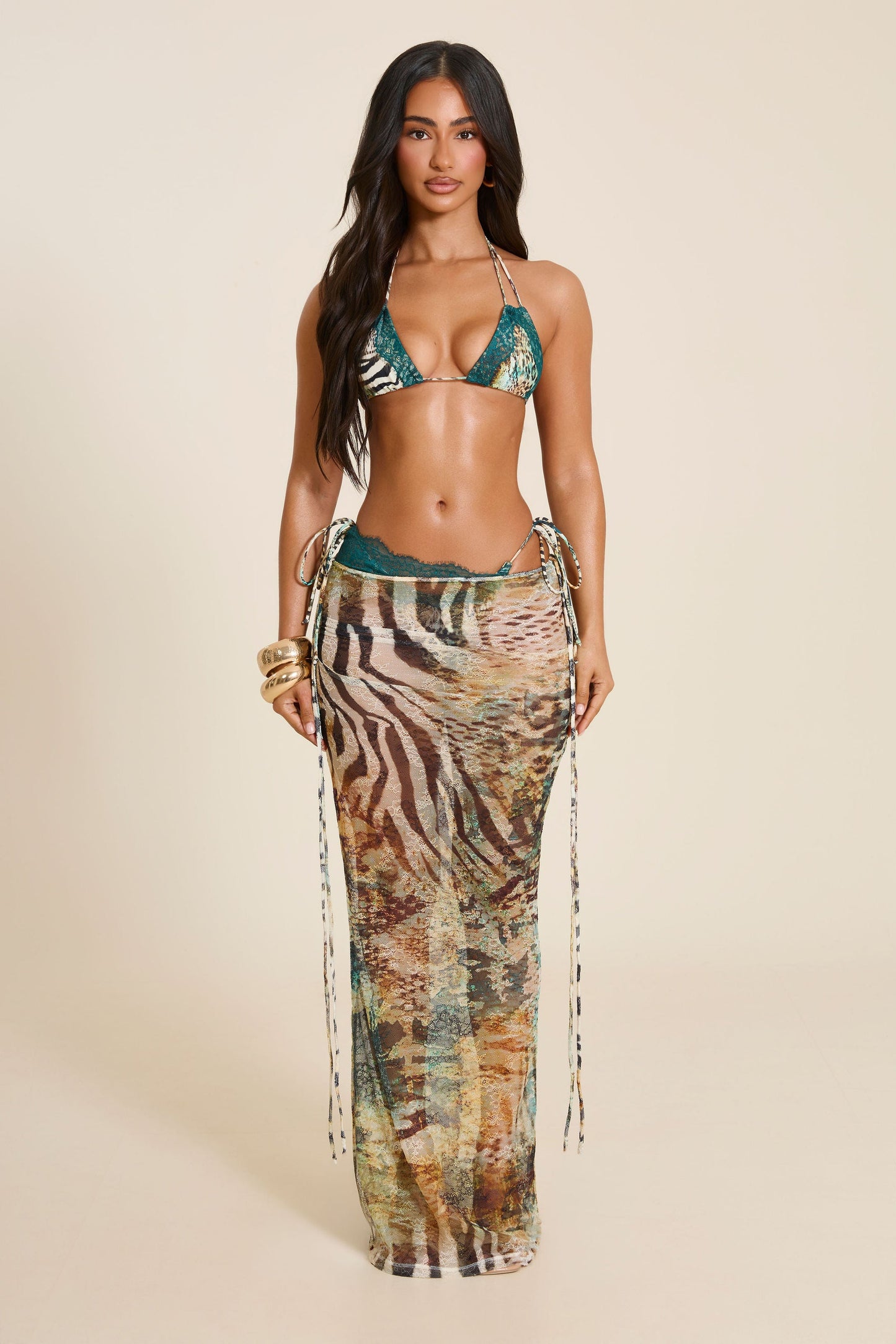 The Ray Lace Maxi Skirt in Teal Animal Print