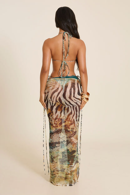 The Ray Lace Maxi Skirt in Teal Animal Print