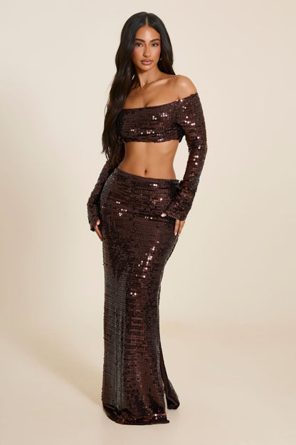 The Nia Sequin Maxi Skirt Set in Brown