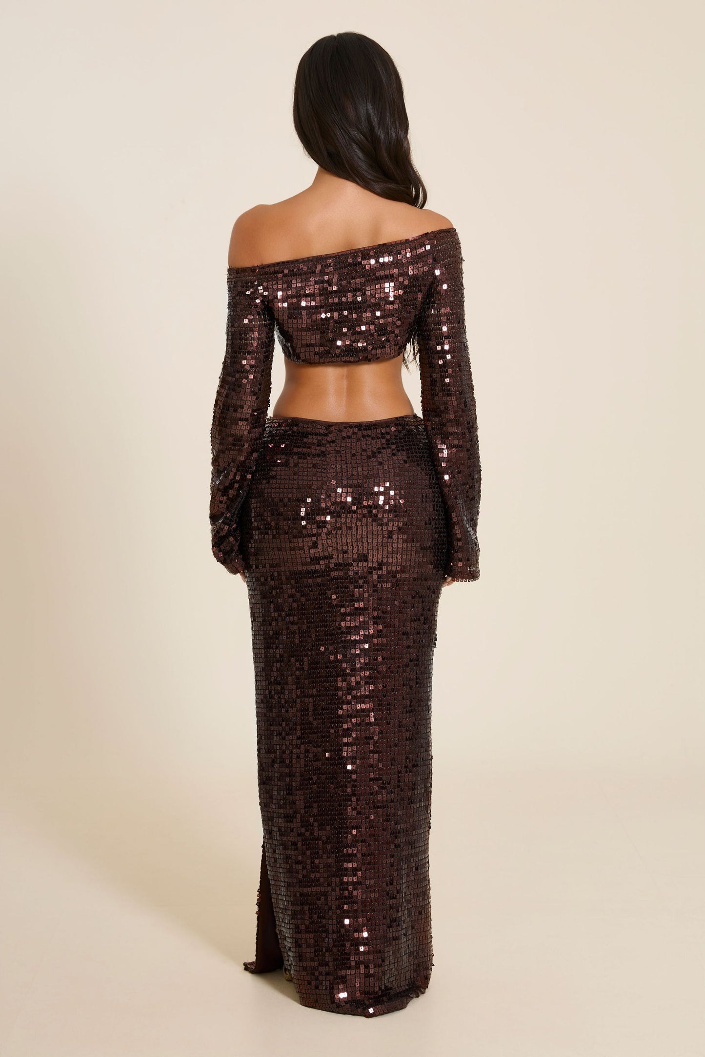 The Nia Sequin Maxi Skirt Set in Brown