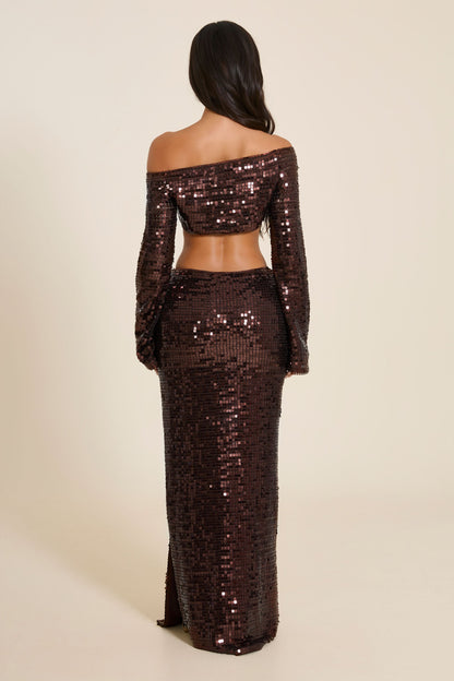 The Nia Sequin Maxi Skirt Set in Brown