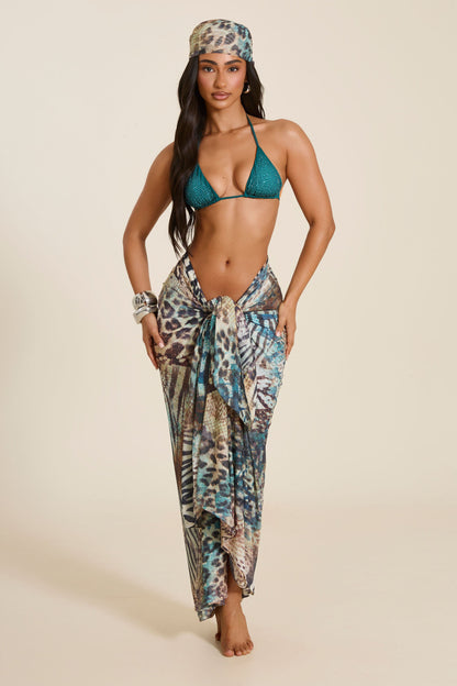 The Gracie Maxi Skirt and Headscarf Set in Teal Animal Print
