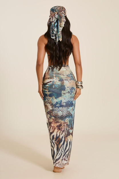 The Gracie Maxi Skirt and Headscarf Set in Teal Animal Print
