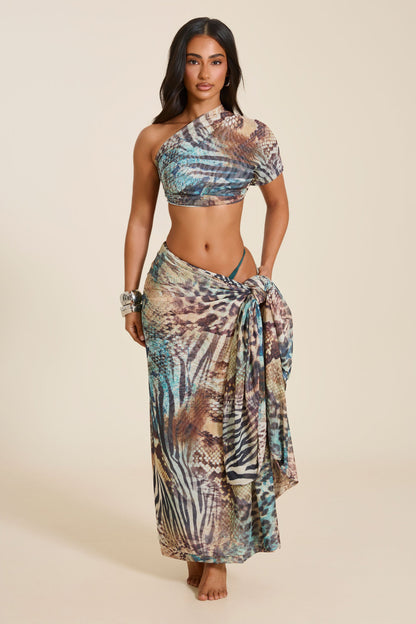 The Gracie Maxi Skirt and Headscarf Set in Teal Animal Print