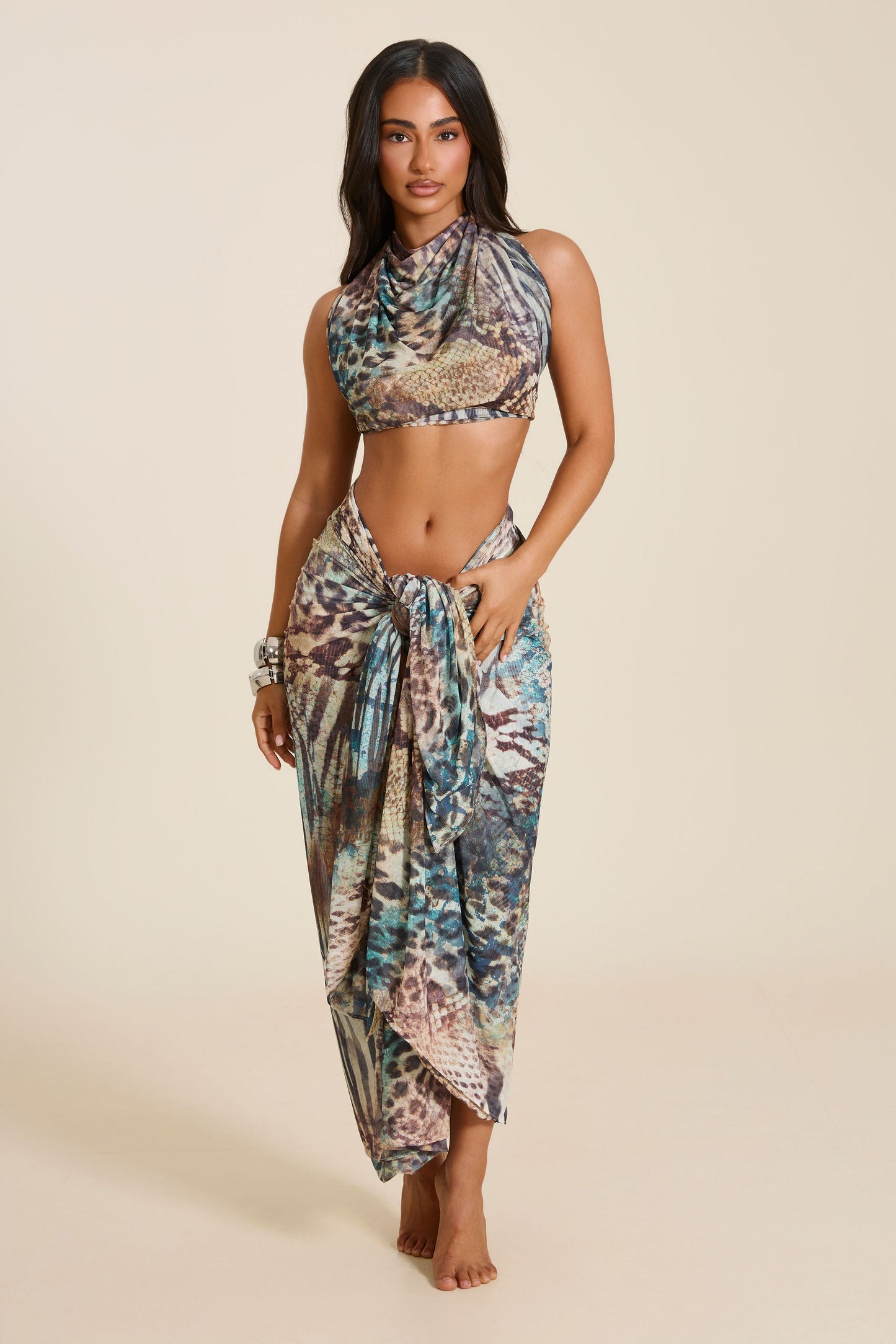 The Gracie Maxi Skirt and Headscarf Set in Teal Animal Print
