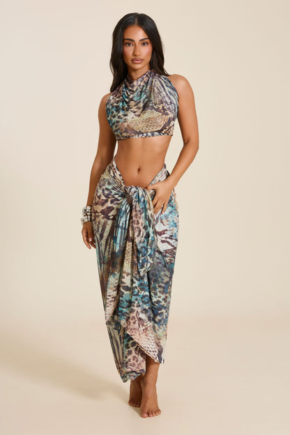The Gracie Maxi Skirt and Headscarf Set in Teal Animal Print