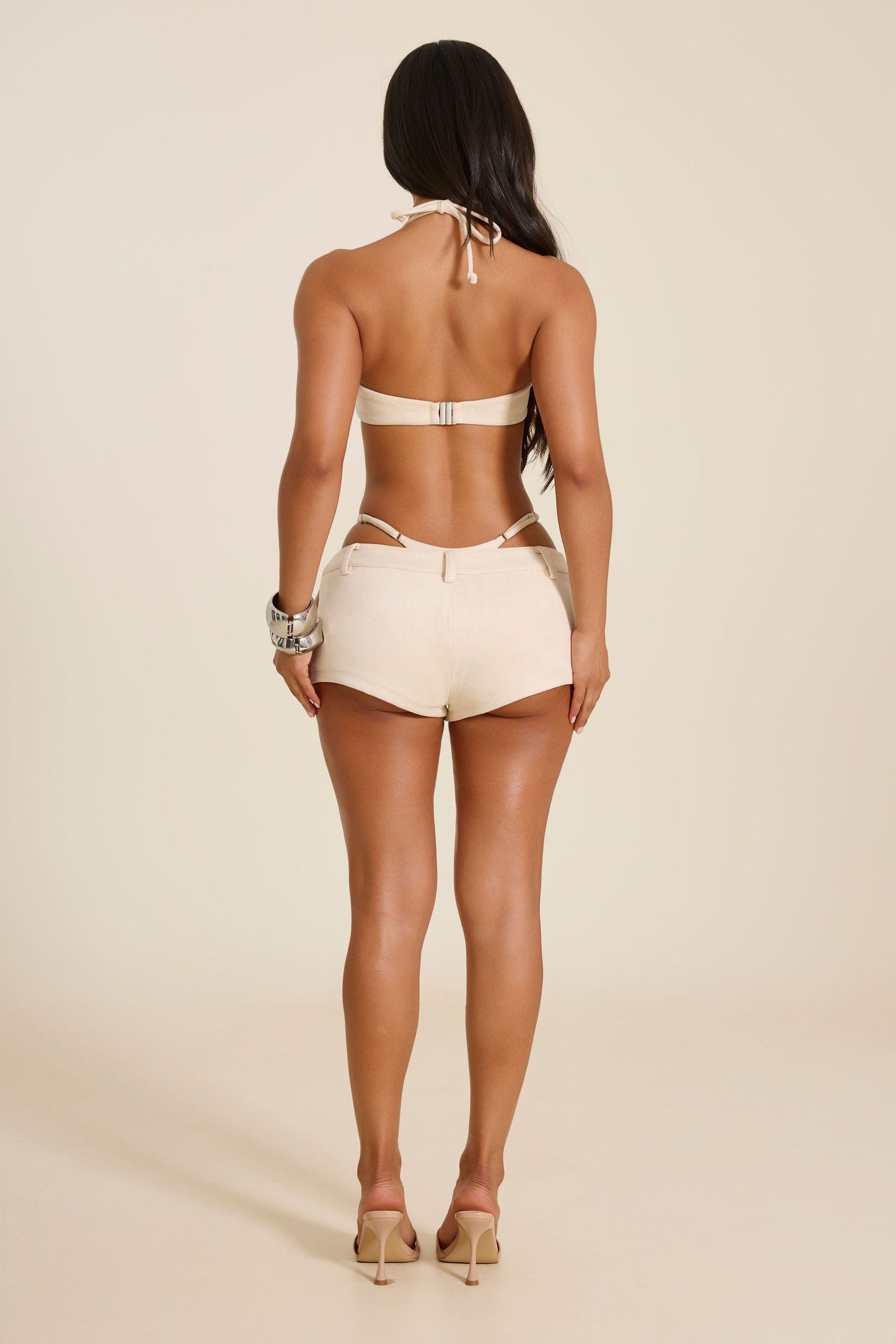 The Elinor Faux Suede Mini Shorts in Stone