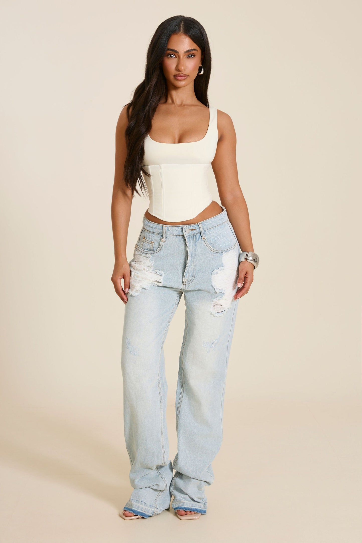 The Sandra Scoop Corset Vest Top in Cream