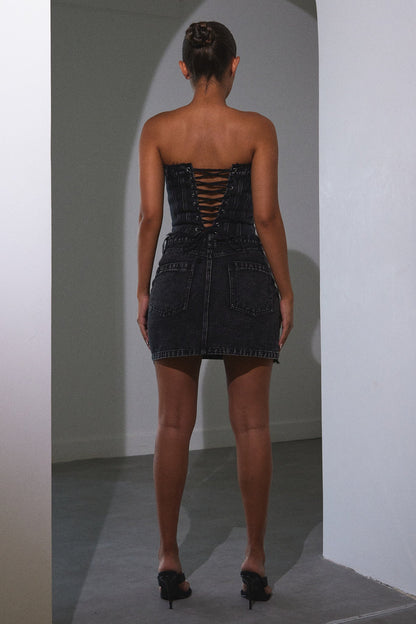 Distressed Denim Skirt in Dark Wash