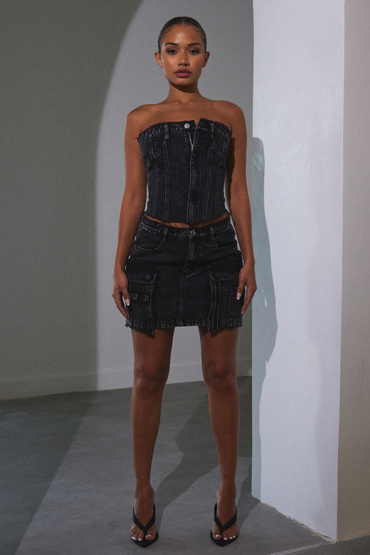 Distressed Denim Skirt in Dark Wash