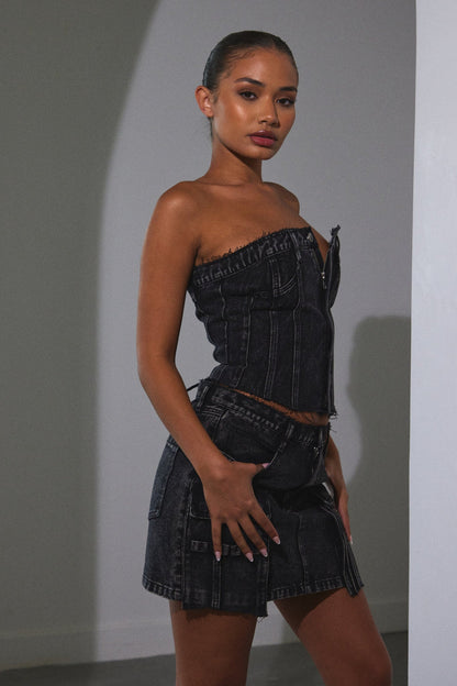 Distressed Denim Skirt in Dark Wash
