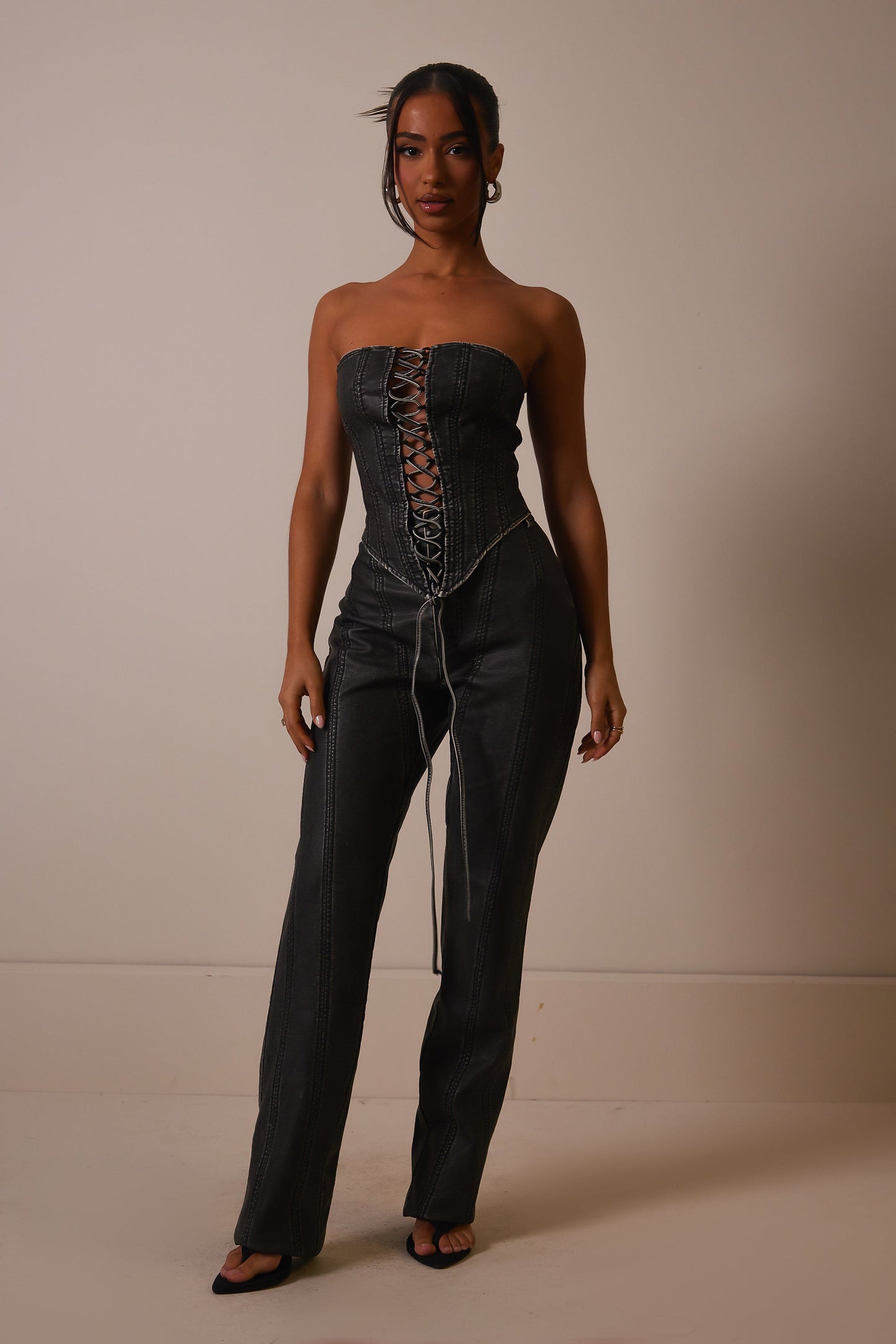 The Lace Up Front Leather Corset in Wash Black