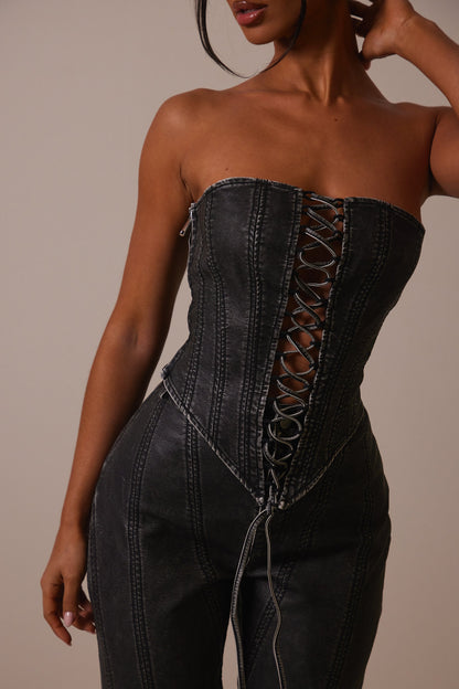 The Lace Up Front Leather Corset in Wash Black