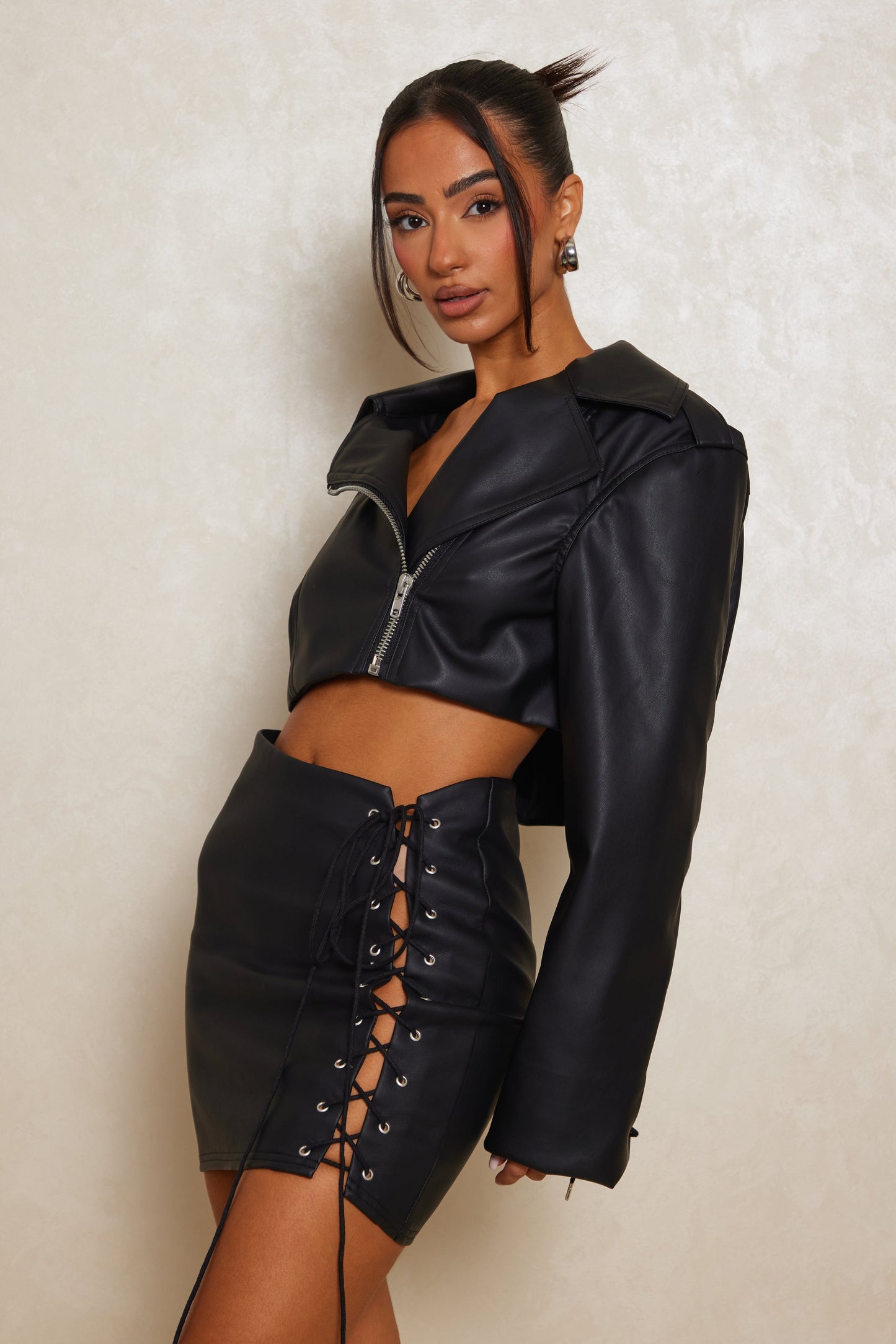 The Leather Lace Up Mini Skirt in Black