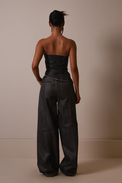 The Distress Wash Asymmetric Leather Corset in Dark Wash