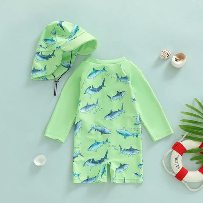 SHARKS Lime Green Swimsuit with Sun Hat