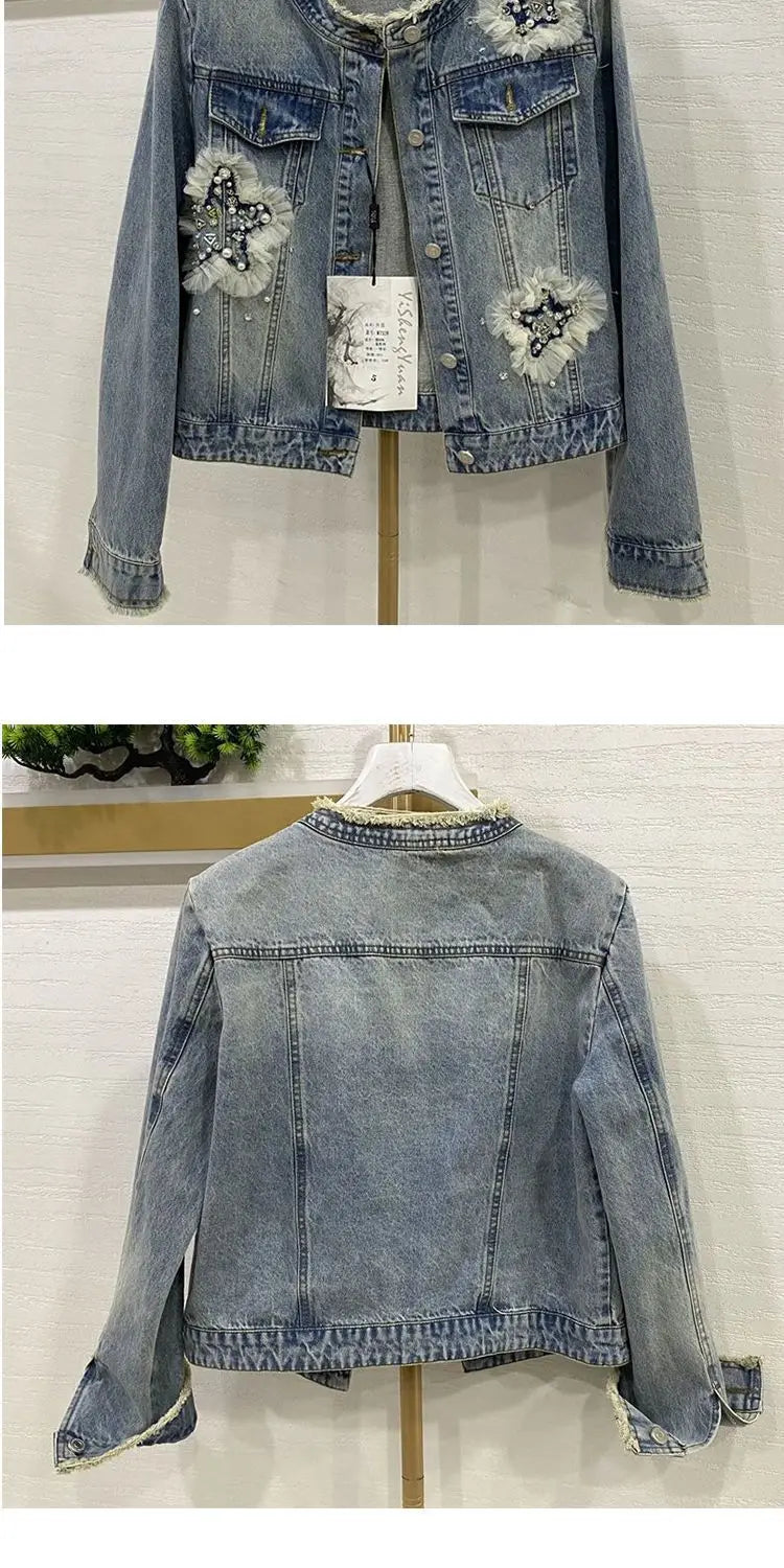 2026 Spring Fringed Denim Jacket For women Autumn New Heavy industry Nail bead Denim Top Female Short Outwear