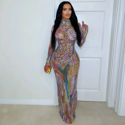 Long Sleeve Water-Media Net Diamond-Heated Party Gown