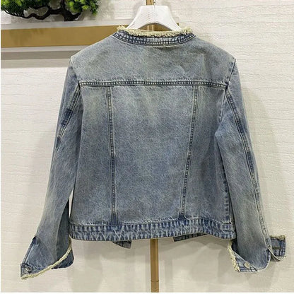 2026 Spring Fringed Denim Jacket For women Autumn New Heavy industry Nail bead Denim Top Female Short Outwear