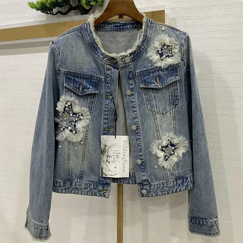 2026 Spring Fringed Denim Jacket For women Autumn New Heavy industry Nail bead Denim Top Female Short Outwear