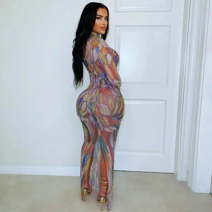 Long Sleeve Water-Media Net Diamond-Heated Party Gown