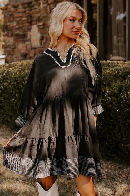 Jungle Green Contrast Stitched V Neck 3/4 Sleeve Swing Mini Dress