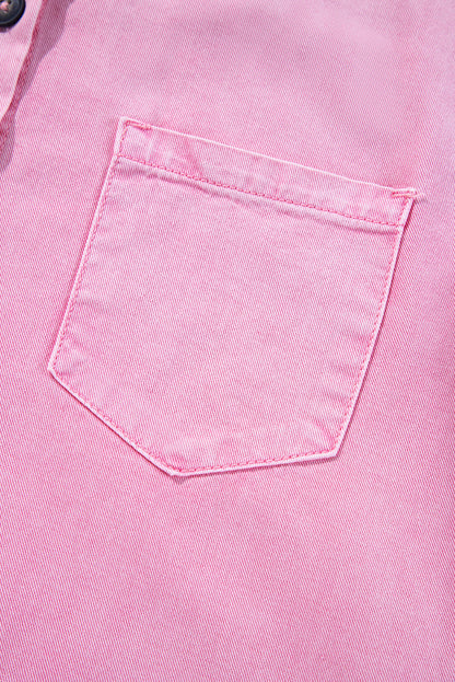 Pink Double Chest Pocket Denim Shirt Dress