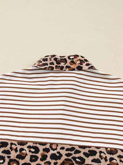 Striped Leopard Print Button Up Shirt Dress