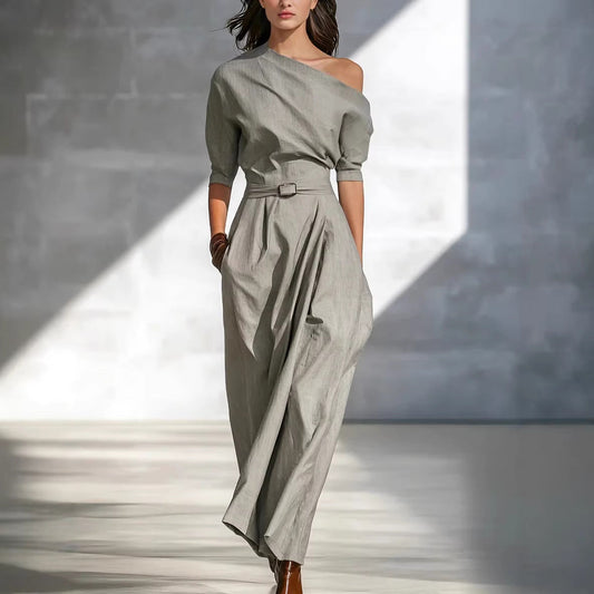 Women’s One-Shoulder Long Dress – Slanted Shoulder Waist-Defined Style