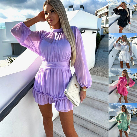 Women's Solid Color Chiffon Waist Shirring Dress