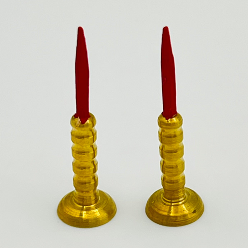 Pair of Brass Candle Holder with Candle - 1/12 Scale Dollhouse Miniature