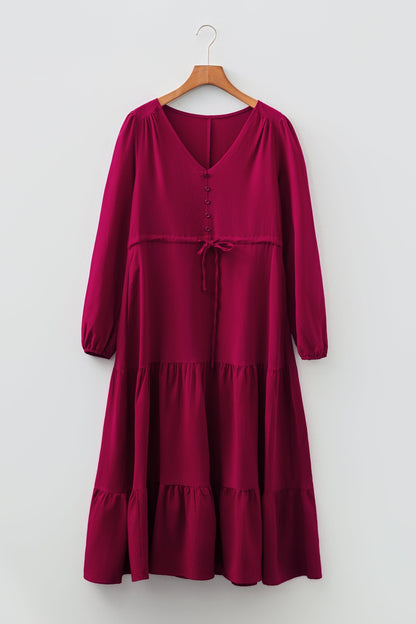 Blackish Green Solid Long Sleeve Button V Neck Tiered Maxi Dress